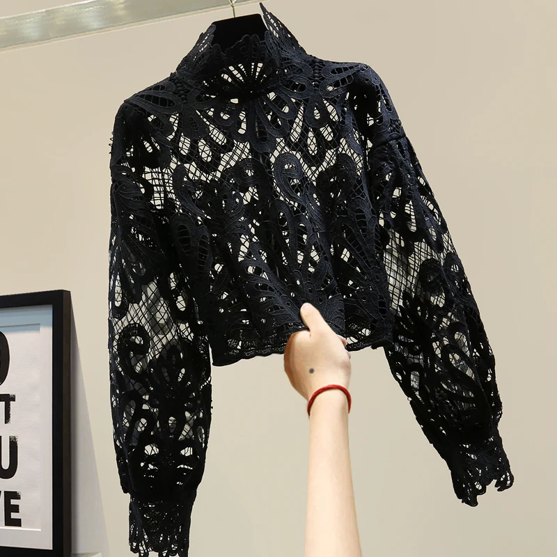 

2020 Autumn Clothes Shrit Loose Fashion Elegant Hollow Out Long-Sleeve Zipper Casual Lace Shirts Girls Student Blouse Basic Tops