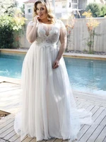 vestido de noiva modest cap sleeves deep v neck a line wedding dress 2021 lace appliques plus size bridal gowns