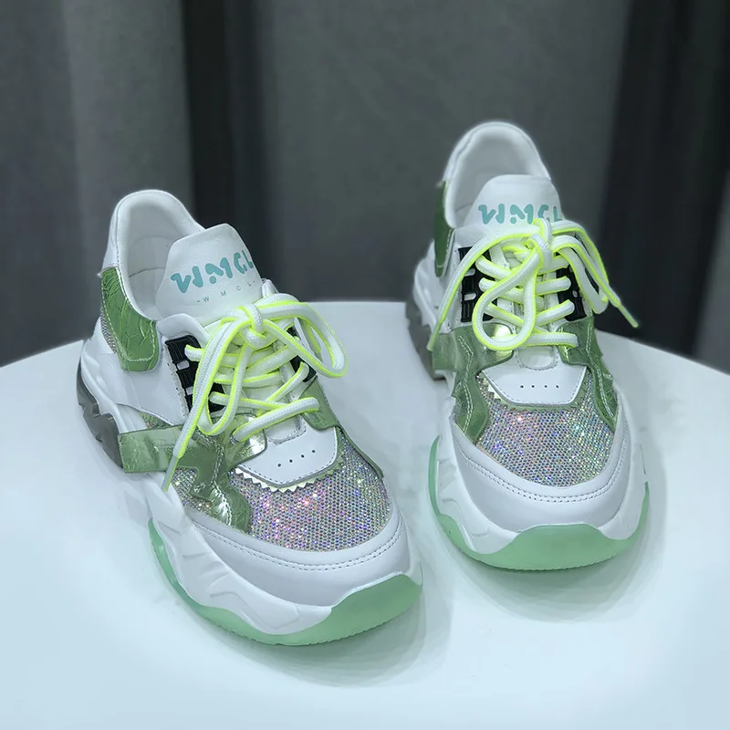 

Fashion Rhinestone Women's Shoes Spring Autumn New Leather Thick Bottom Front Lace Color Matching Design Running Sports Shoes