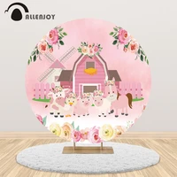 allenjoy zenon farm round backdrop birthday pink flower windmill cartoon cow pig spring decor baby shower table cover party
