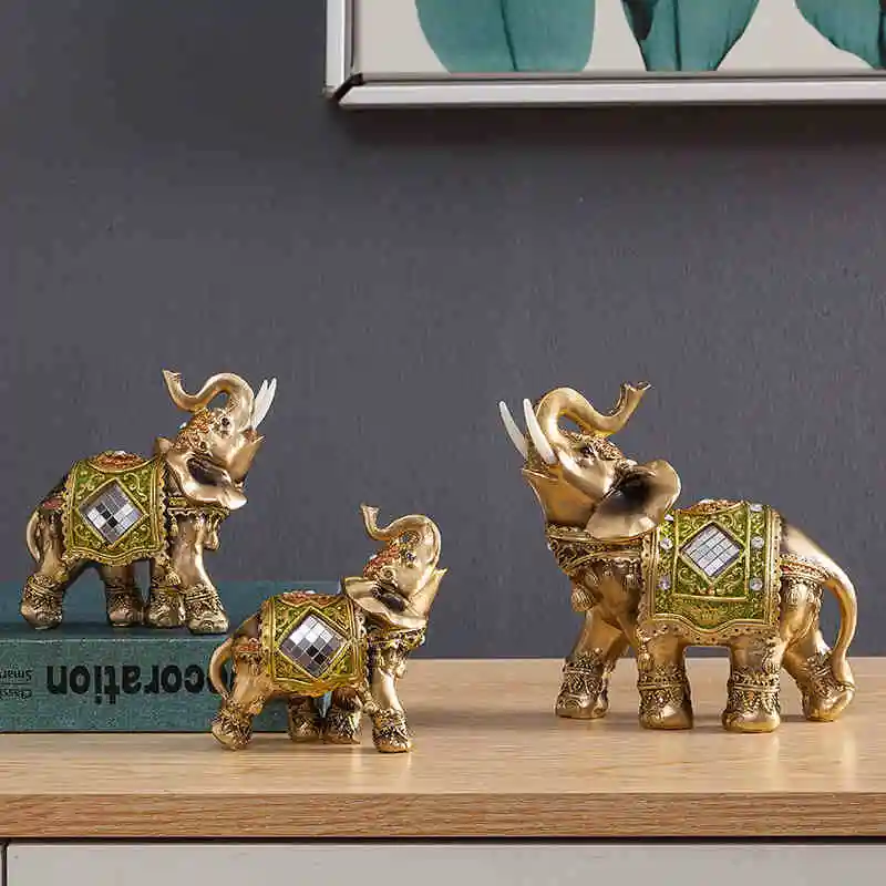 

Thailand Golden Resin Elephant Statue Elegant Elephant Trunk Ornaments Lucky Wealth Figurine Crafts Ornaments For Home Decor