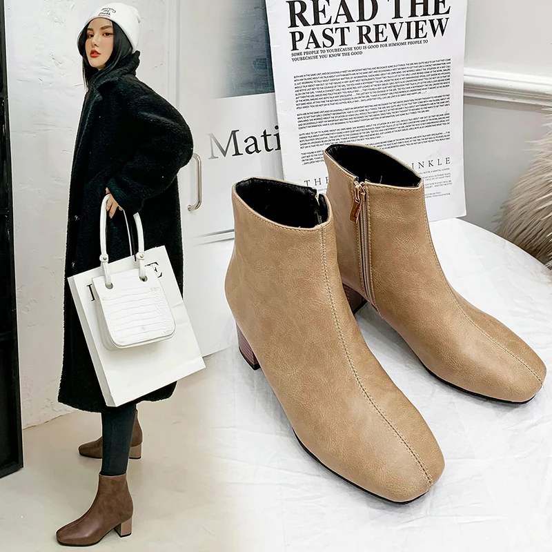 Женские ботильоны из флока на квадратном каблуке молнии большие размеры 33-43