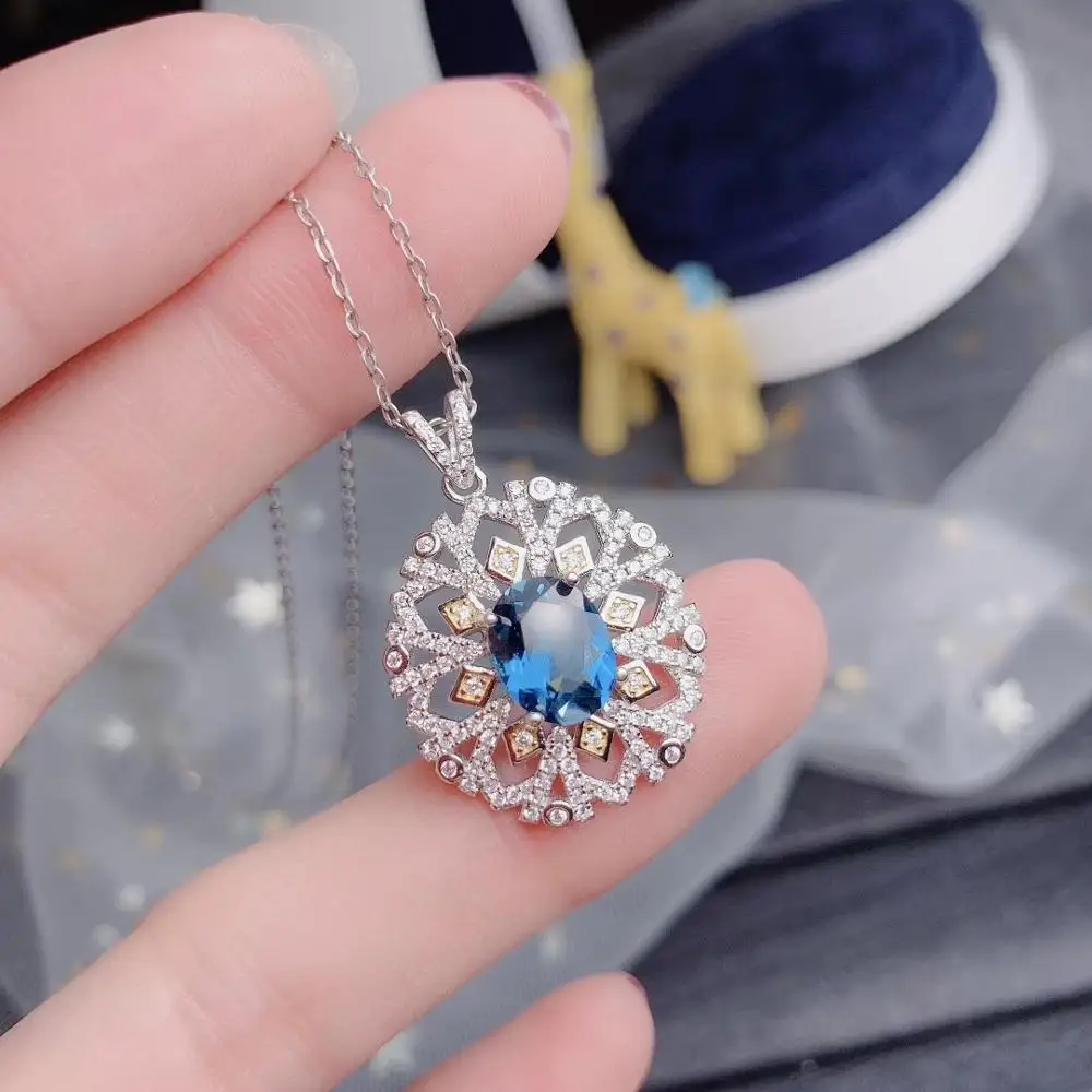 Женское ожерелье из серебра 925 пробы с натуральным голубым топазом | Украшения и