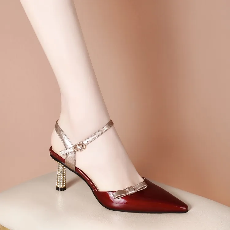 

MLJUESE 2021 Women Sandals Cow leather Summer Bow-tied Gladiator Pointed toe Buckle Strap Slingbacks Sandals Size 42