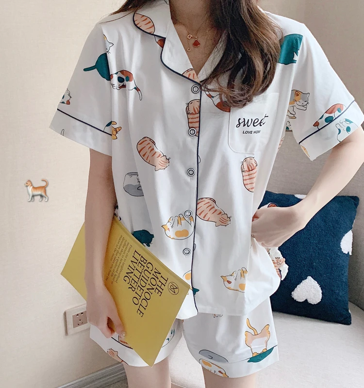 CAIYIER Summer Women Cotton Pajamas Sets Cute White Cat Print Short Sleeve Sleepwear With Eye Mask Girls Nightwear Lovely Homewe