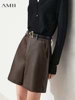 amii minimalism winter leather pants women high waist knee length pants office lady straight shorts female casual pants 12140837