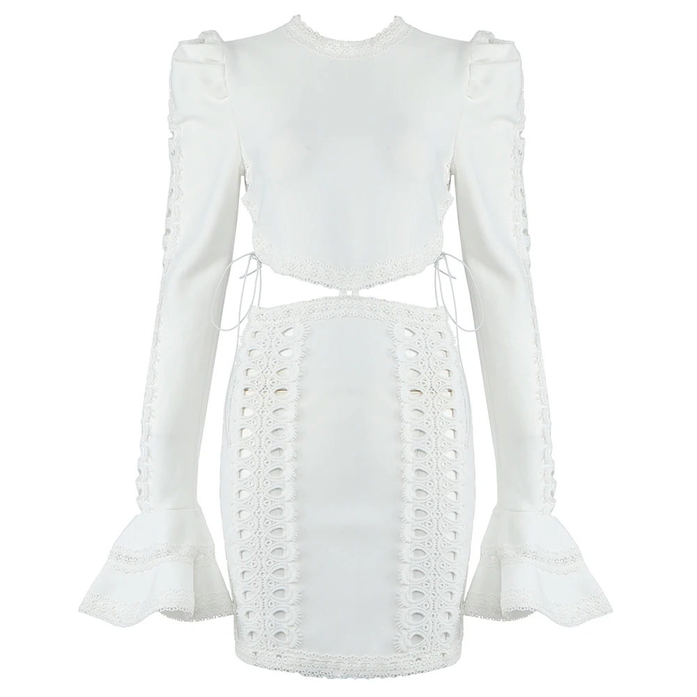 

Top Quality Bandage Dress White Black Hollow Out Women Flare Sleeve Fashion Bodycon Sexy Dresses