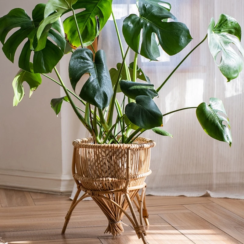 

D08D Natural Rattan Plant Stand for Indoor Outdoor Flower Pots Basket Display Rustic Garden Office Home Decor