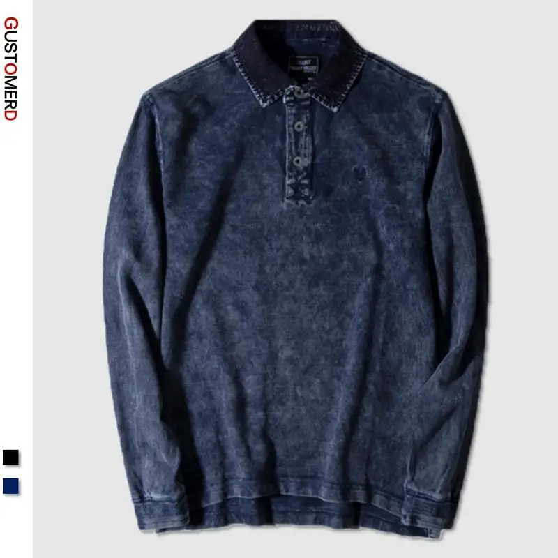 Мужская хлопковая футболка GustOmerD повседневная Однотонная с длинными рукавами и