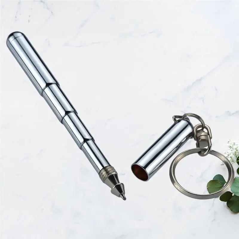 

Retractable Pen Shape Keychain Mini Metal Key Ring Portable Stainless Steel Telescopic Ballpoint Pen Tools(Bold Version, Sliver)