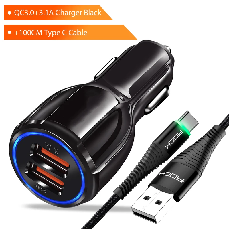 Power Set For Type C Автомобильное зарядное устройство ROCK QC 3,0 Для Xiaomi huawei iPhone X 8 7 6 samsung Xiaomi Dual USB Quick Charge 3,0 Автомобильное зарядное устройство - Тип штекера: Power Set For Type C