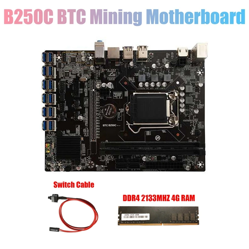 

Материнская плата B250C для майнинга BTC + DDR4 4G 2133 МГц ОЗУ + кабель переключения 12xpcie на USB3.0 слот GPU LGA1151 материнская плата для компьютера