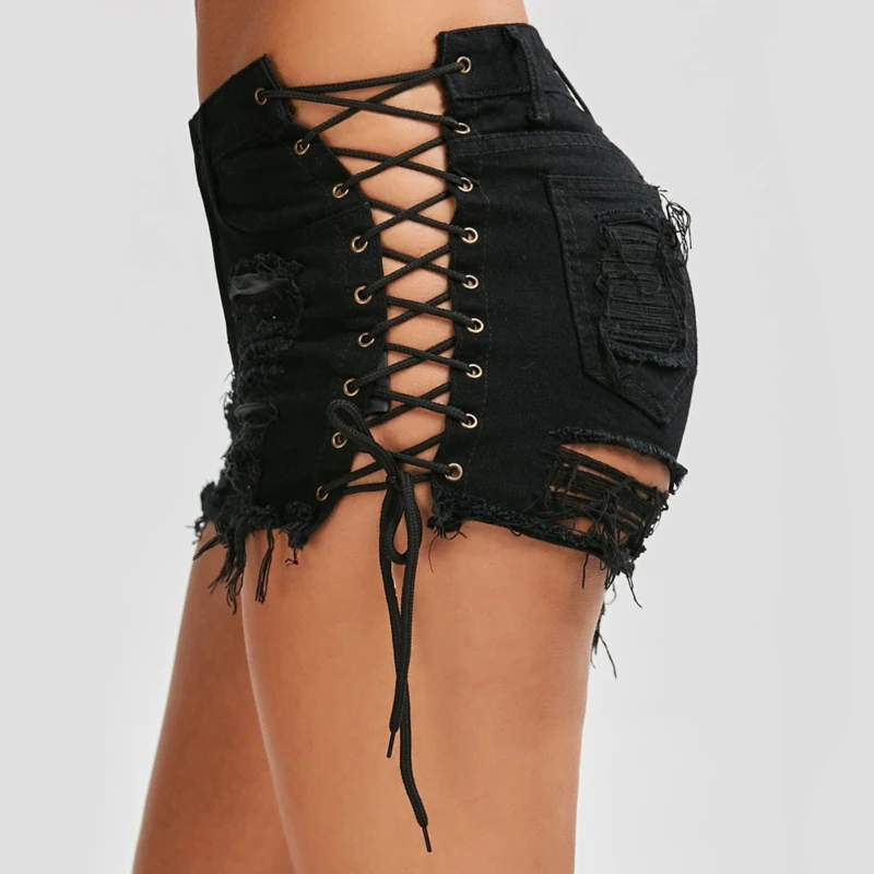

Sexy Summer Women Denim Shorts 2021 New Black Blue High Waist Ripped Short Jeans Femme Tassel Lace Up Bandage Hotpants