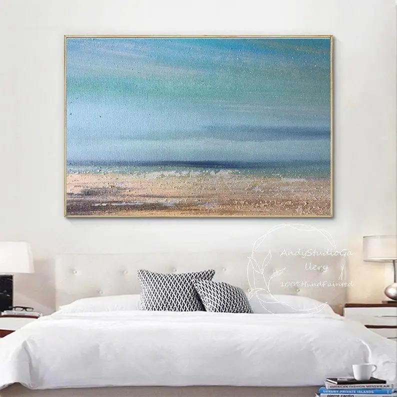 

Large Original Sea Level Blue Oil Painting,Beach Texture Painting,Large Sky And Sea ,Sea Level Abstract Ocean Oil Painting,Home