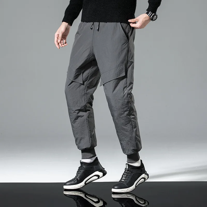 

2021 Men's New Winter White Duck down down Wadded Trousers Tied Elastic Waist Warm Trousers