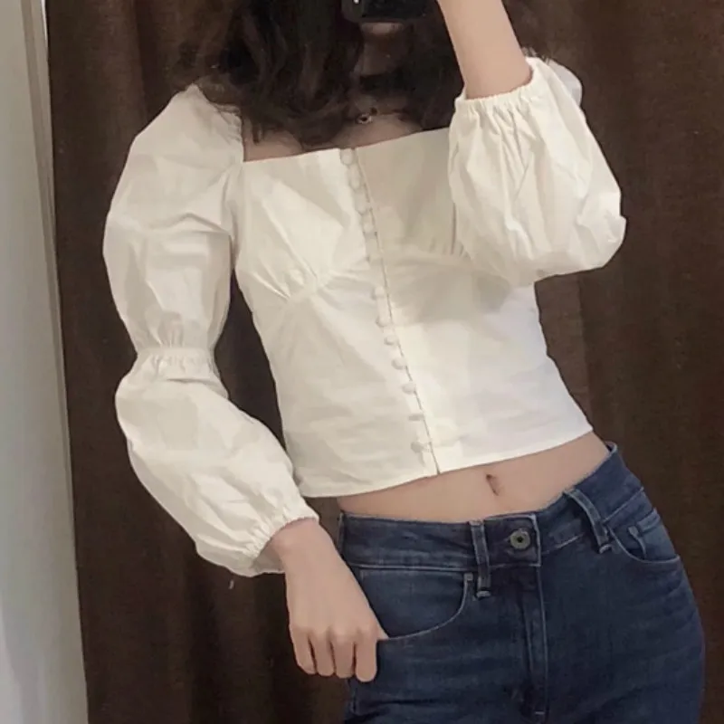 

Casual Autumn Women Shirt Blouse Lady Sweet puff long sleeve Strapless Ruched Shirt tops Autumn Clothes Solid Slim Pleated Blusa