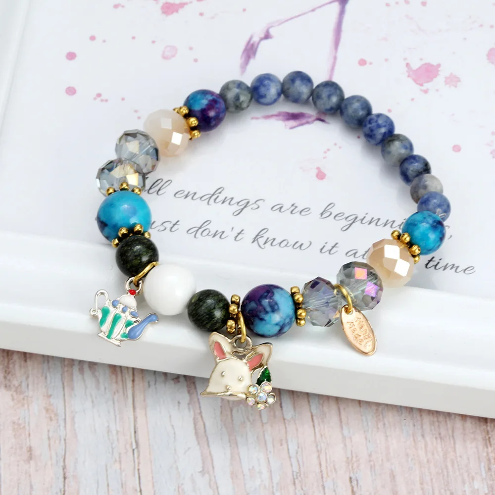 Гламурный керамический браслет со стразами Счастливый Кот Цветок Кулон