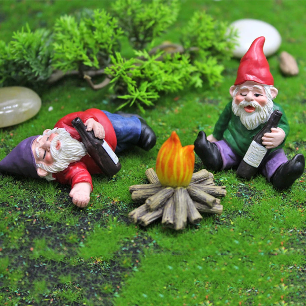 4 Pcs Fairy Garden Drunk Gnomes Miniature Ornaments Set Mini Dwarf Bonfire Statues for Planter Flowerpot Decor Accessories | Дом и сад