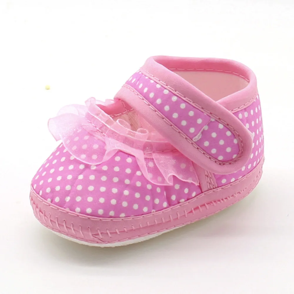 

25# Polka Dot Flower Hook Loop Shoes Baby Girl Flat Lace Cute Soft Buttom First Walkers Baby Shoes Warm Casual Sneakers Kids