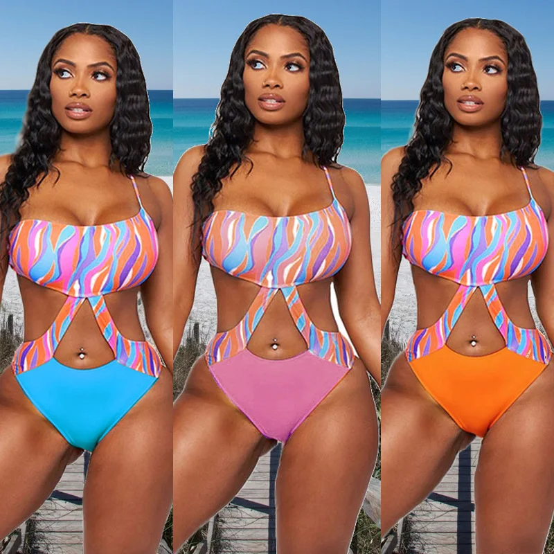 

European and American Fashion Women's Single Halter Printed One-piece Swimsuit Sexy One Piece Swim Suits