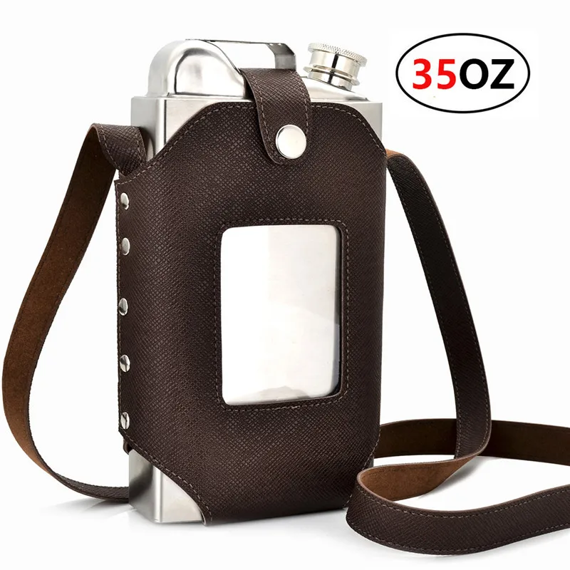 Большая фляжка GENNISSY 35 унций с кожаным кобуром высокого качества большая емкость