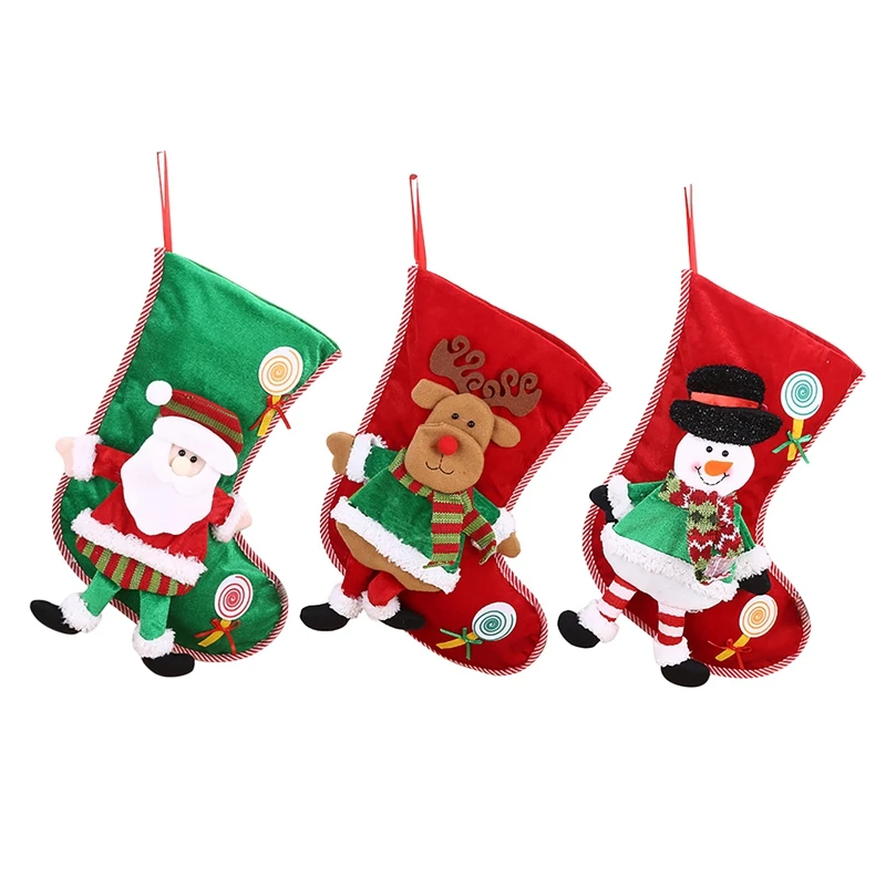 

3 Pcs Christmas Stocking Candy Gift Bag Xmas Tree Hanging Decor Bag for Christmas Home New Year Fireplace Decoration