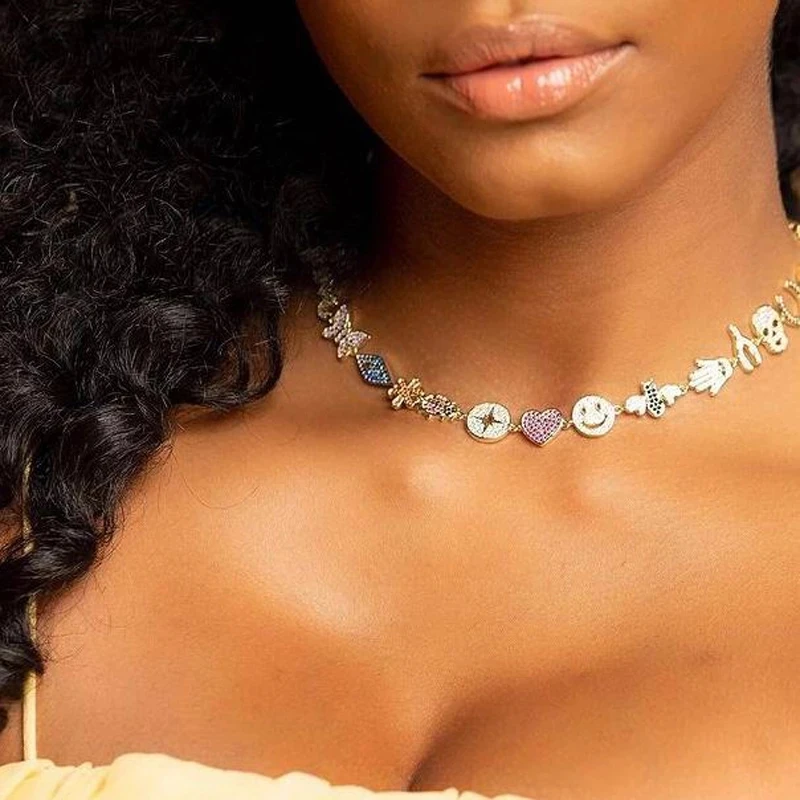 

2022 Summer Rainbow Cz Paved Multi Charm Choker Necklaces For Women Lady Wedding Short Choker Smile Eye Lip Pendant Jewelry Gift