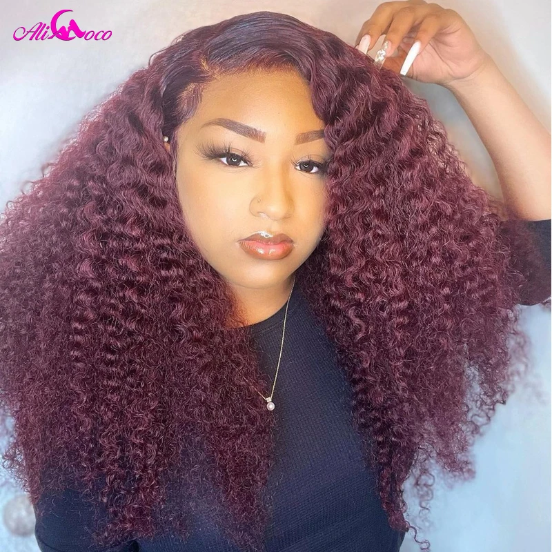 

Dark Burgundy Lace Frontal Wig for Women 99j Kinky Culry 13*4 lace Human Hair Wigs Pre Plucked Transparent Remy Curly Wig