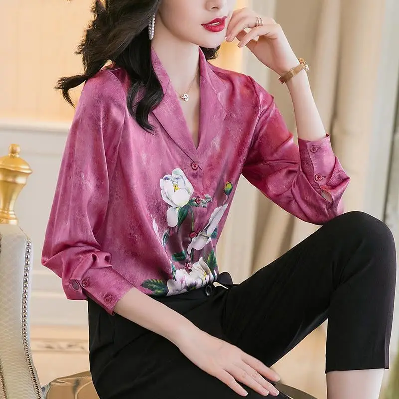 

Long Sleeve Printed Shirt Women Imitation Silk V-Neck Blouse Spring Autumn New Fashion Female Loose Top Office Lady Casual Wear