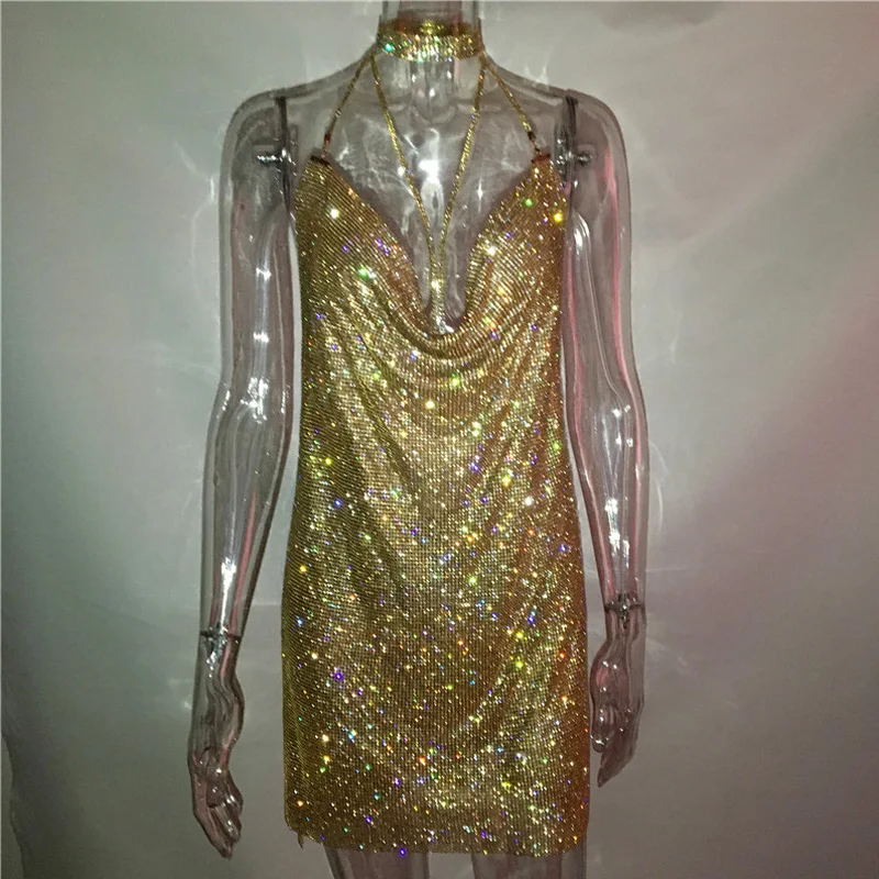 

Glitter Strap Backless Dress Sleeveless Sexy Ladies Slim Club Bar Split Dresses Gold Silver Black Brilliant Sequins Mini Dress