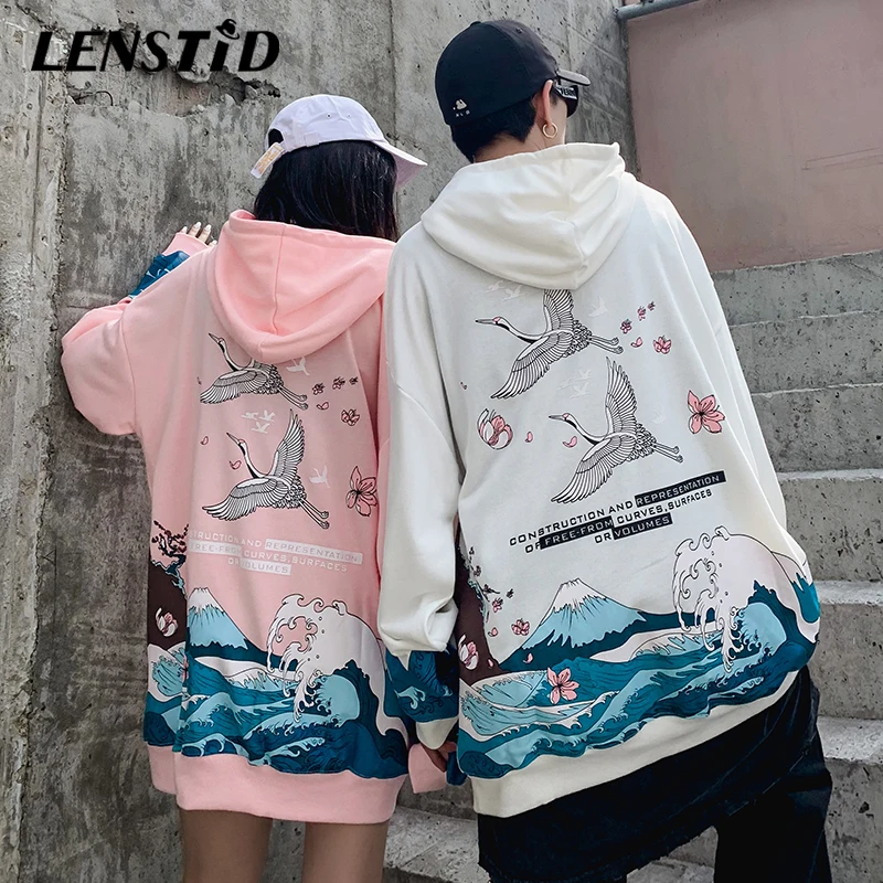 LENSTID осенний мужской японский Harajuku Ukiyo e Wave Crane пуловер худи с принтом в стиле хип