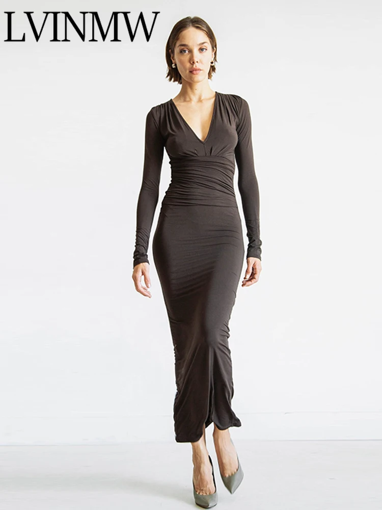 

Женское платье средней длины LVINMW, повседневное офисное платье с v-образным вырезом и рюшами, Черное Осеннее облегающее платье с длинным рука...