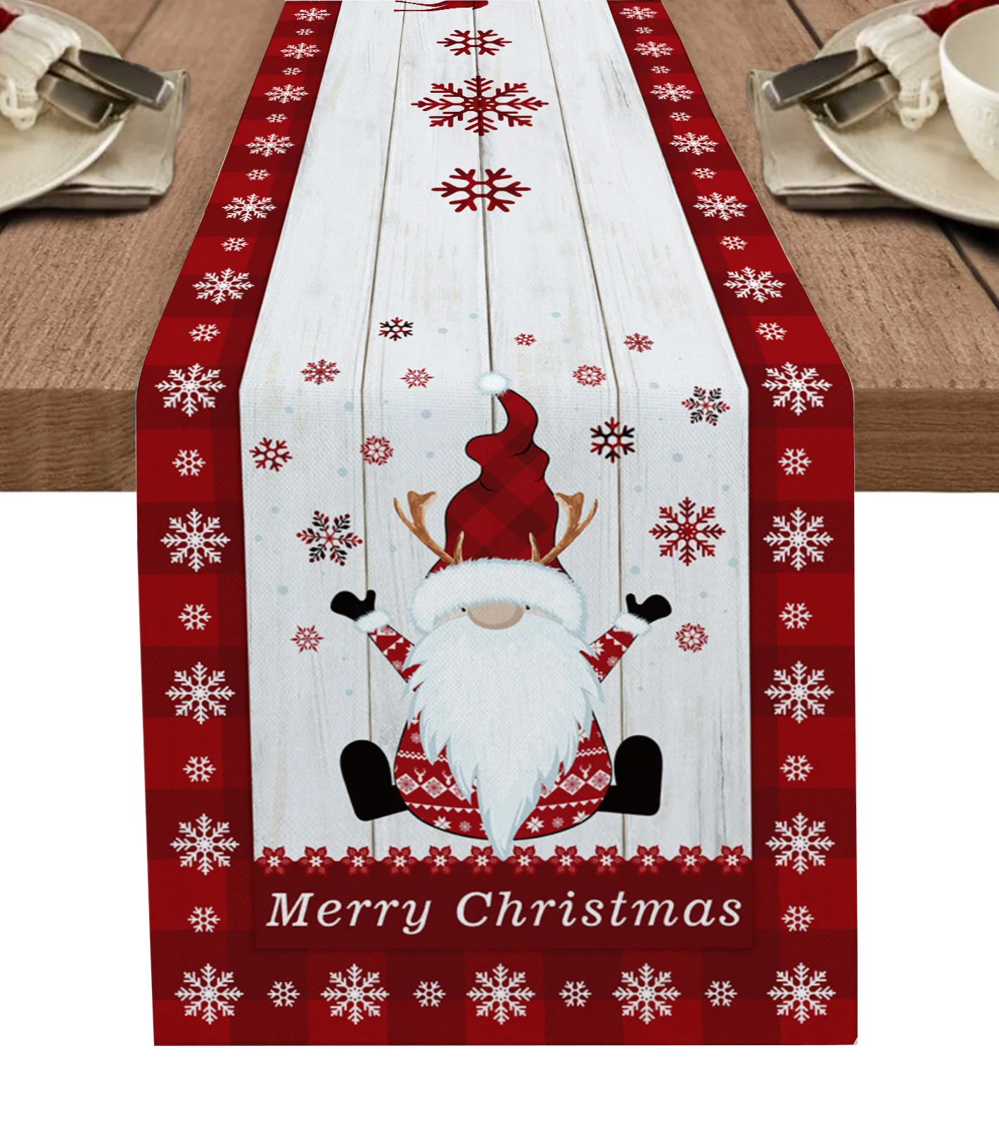 

Christmas Snowflake Gnome Wood Grain Table Runner Christmas Dinner Table Decoration Tablecloth Wedding Decor Table Cover