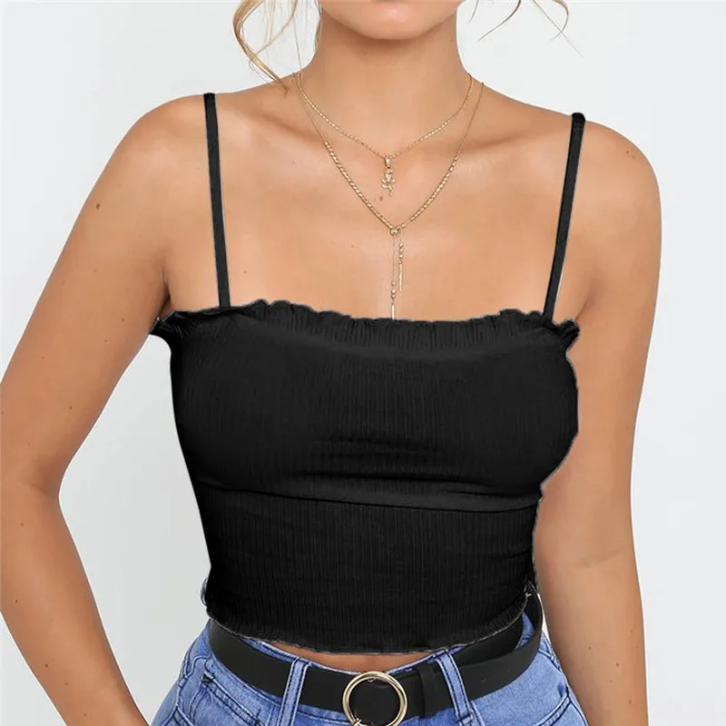 Женский топ без рукавов с оборками сексуальный укороченный однотонный летний