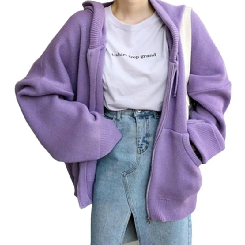 Женский длинный кардиган с капюшоном однотонный Свободный вязаный рукавом