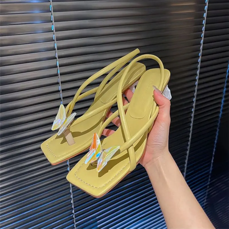 

Meotina Women Shoes Narrow Band High Heel Sandals Strange Style Shoes Square Toe Ladies Footwear Summer Beige Yellow 2021 New