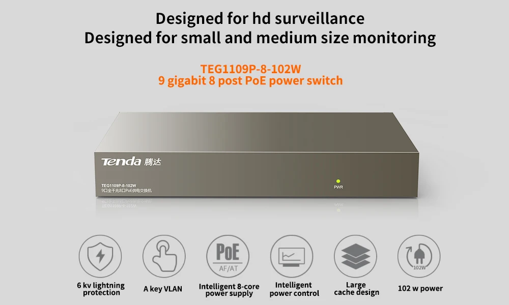 Tenda TEG1109P-8-102W гигабитный коммутатор poe сетевой переключатель ethernet 9*10 100 1000 Мбит RJ45 Порты и разъёмы 18 Гбит Коммутационная Ёмкость Plug& Play