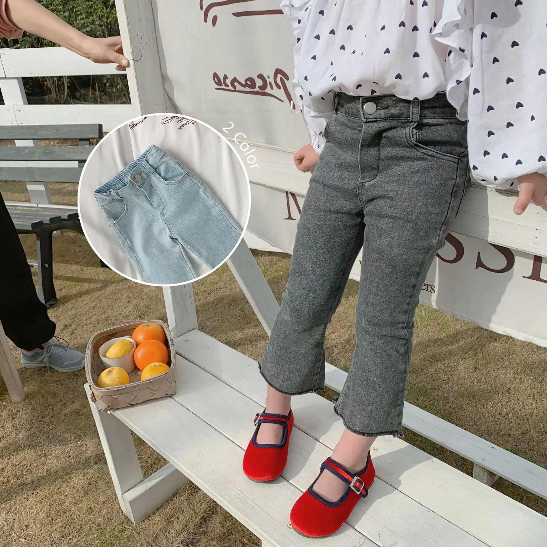 WLG/2 цвета весенние джинсы для девочек детские небесно голубого и черного модные