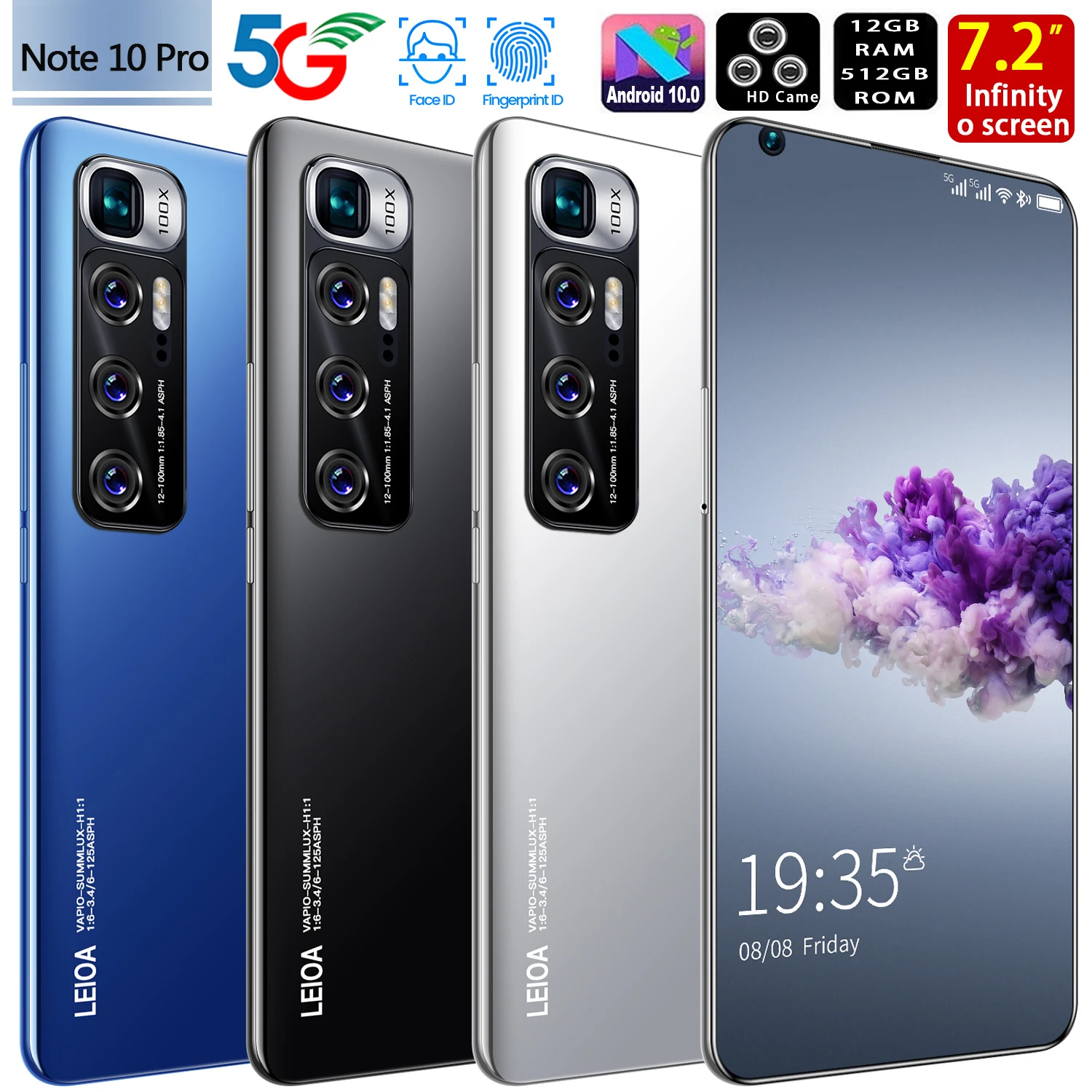 

Global Version Note10 Pro 7.2" Smartphone 5600mAh 12+512G 21+42MP Android10 Unlocked 5G Mobilephone Support Google GPS