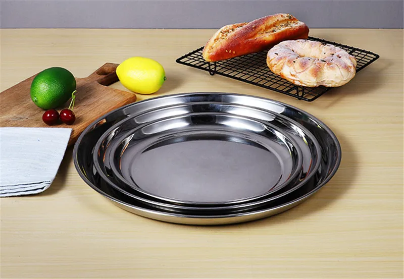 Толстая тарелка из нержавеющей стали круглая большая с плоским дном неглубокая