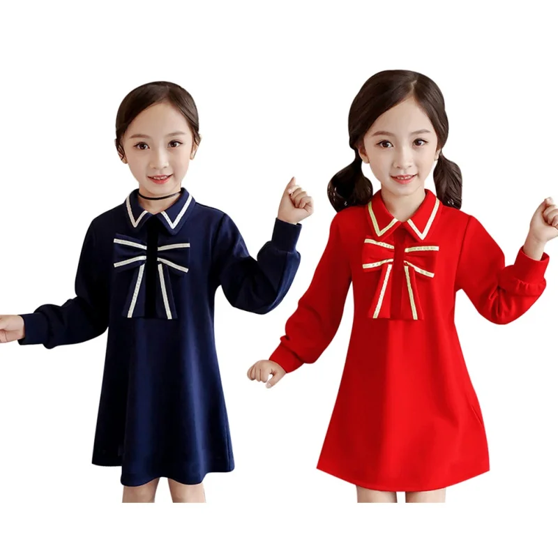 Autumn Casual Baby Girls Solid Print Long Sleeve Dress Kids Toddler Bow Design Pageant Dresses 2019 | Детская одежда и обувь