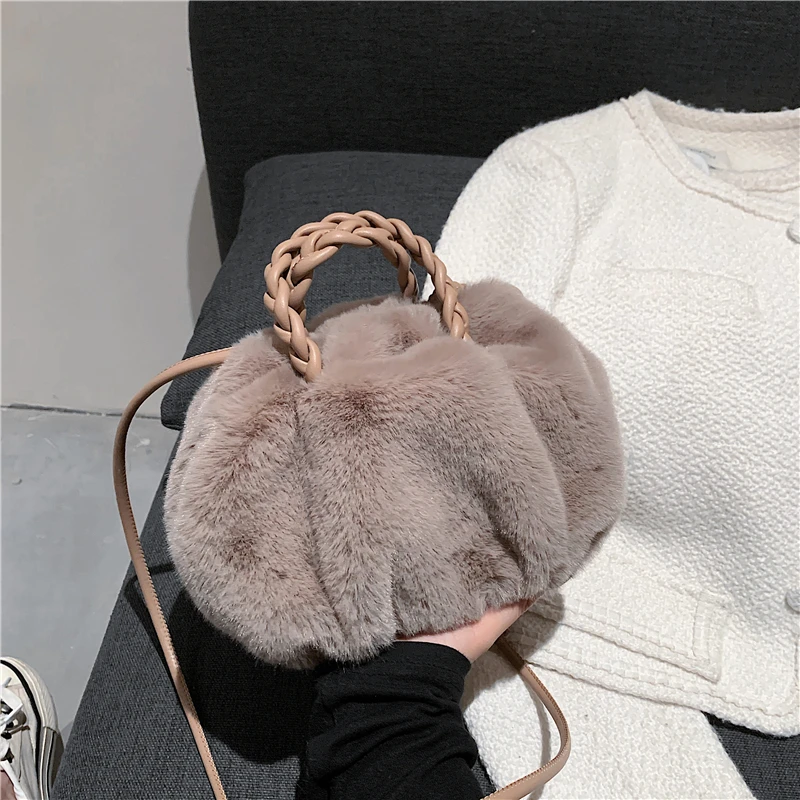 

Winter 2021 Soft Plush Small Shoulder Crossbody Bags For Women Unique Design Braided Short Handle Faux Fur Tote Ladies Handbags