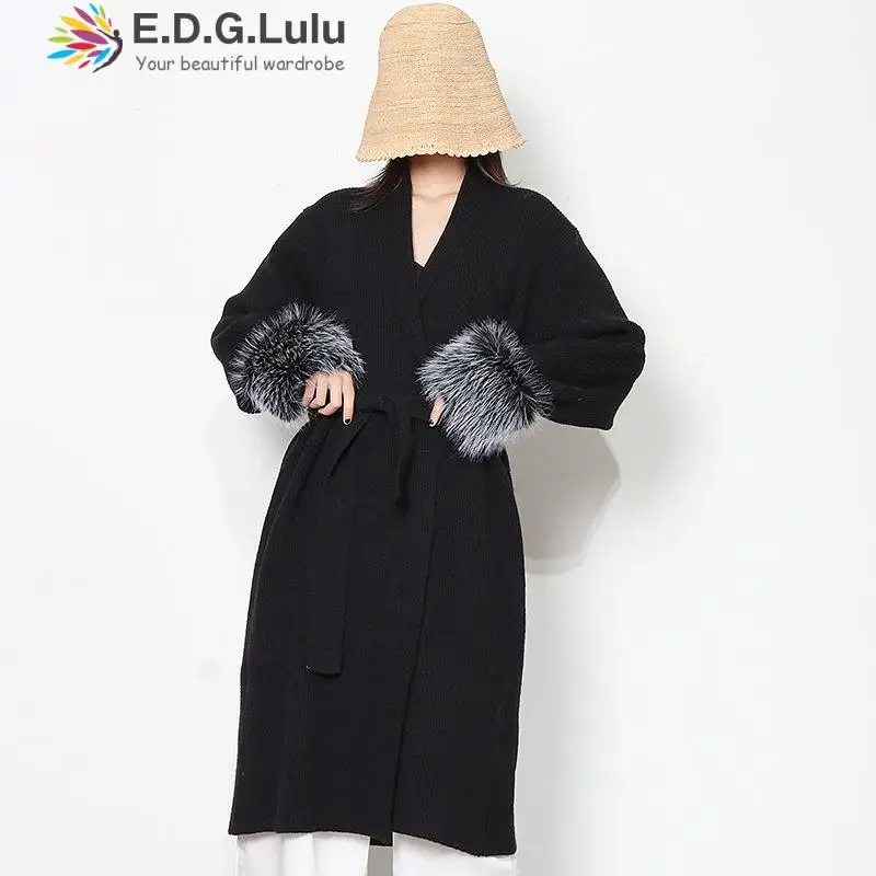 

EDGLuLu 2021 New For Autumn Winter Casual V-neck Lace-up Bow Long Knitted Coat Sweater Long Sleeves Furry Full Cardigans 1107