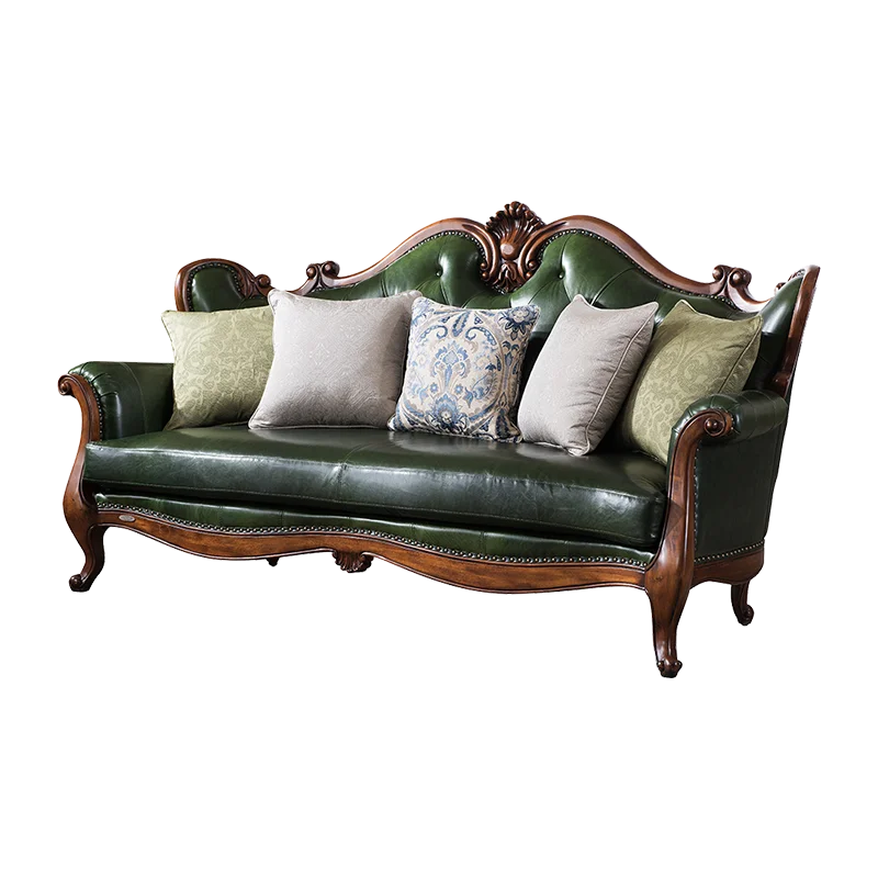 

European leather sofa living room large family furniture American solid wood sofa tea table combination