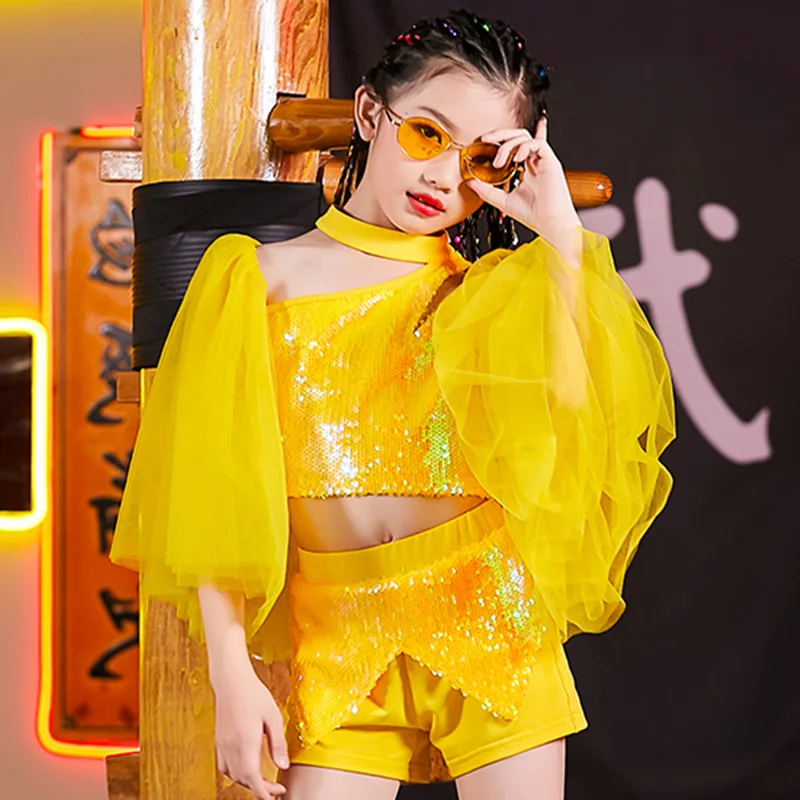 Танцевальный костюм в стиле хип-хоп для девочек желтый джазовый с блестками