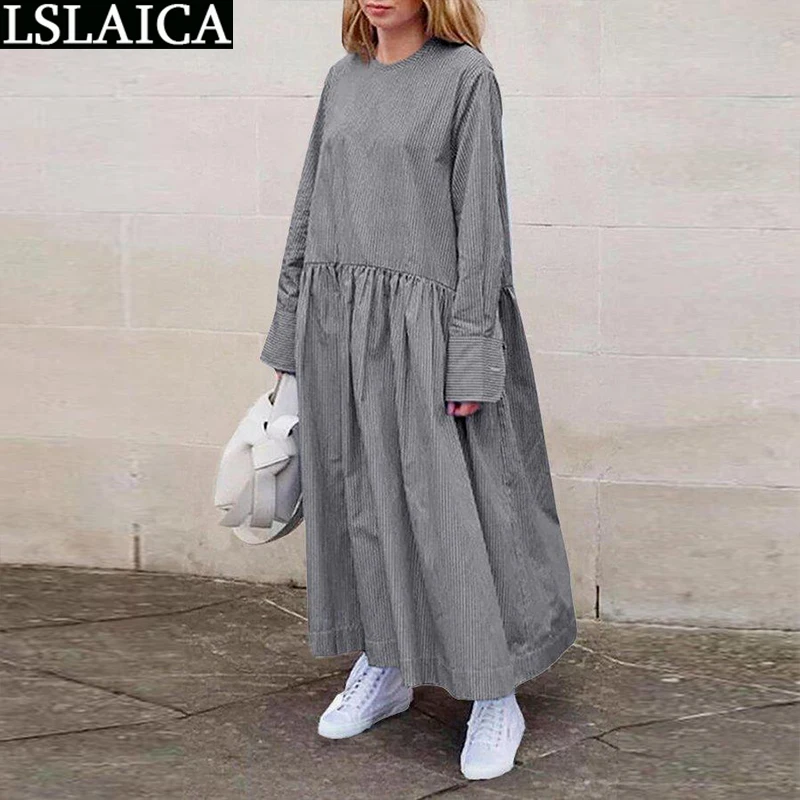 

Woman Dress Loose Casual Solid Color Long Sleeve Fashion New Arrival Dresses for Women O Neck Ankle-Length Vestido De Mulher