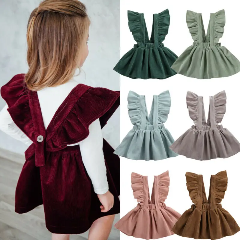 

1-6Y Cute Toddler Baby Girls Dress Ruffles Sleeveless Corduroy Knee Length A-Line Dress Winter Outfits