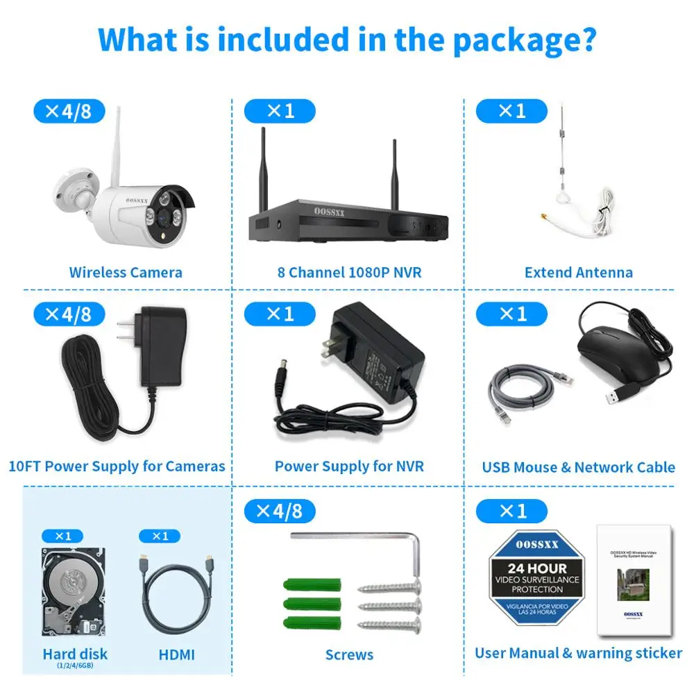 Камера видеонаблюдения OOSSXX беспроводная камера безопасности 8 каналов 1080