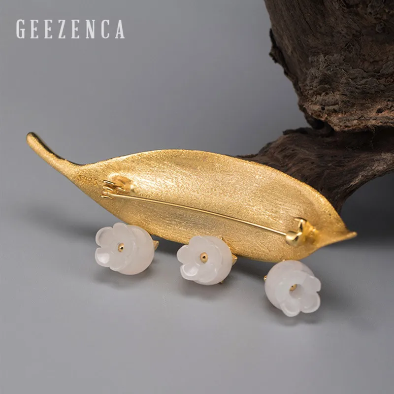 Женская брошь ручной работы из серебра 925 пробы с золотым листом и белым нефритом