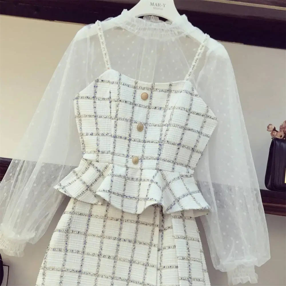 Комплект из 3 предметов Женская Осенняя новая сетчатая рубашка + маленькая куртка